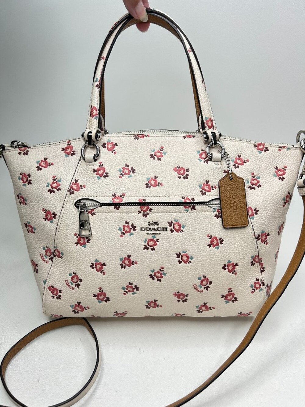 COACH Vintage Prairie Chalk w/Pink Mini Rose Print Crossbody Satchel
